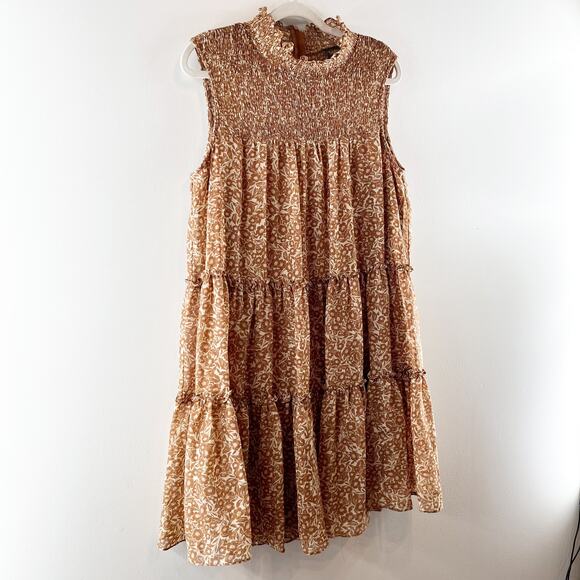 Taylor Smocked Tiered Printed Mini Dress Brown XL - Picture 5 of 8